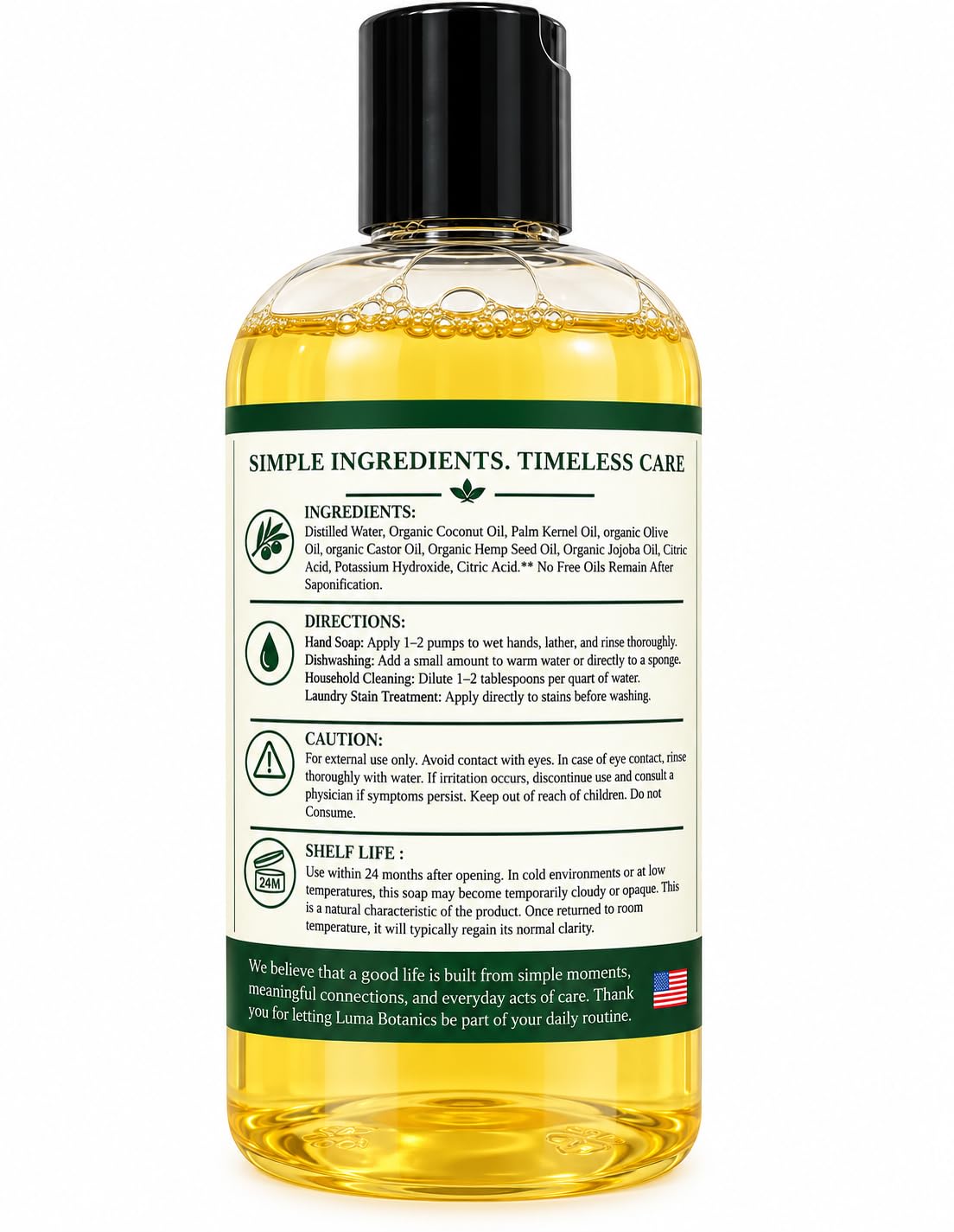 Luma Botanics ingredient list and directions on back label